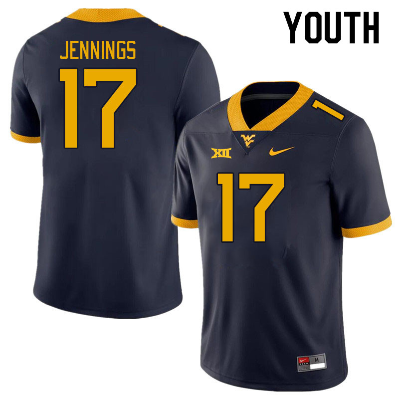Youth #17 Zae Jennings West Virginia Mountaineers College Football Jerseys Stitched Sale-Navy